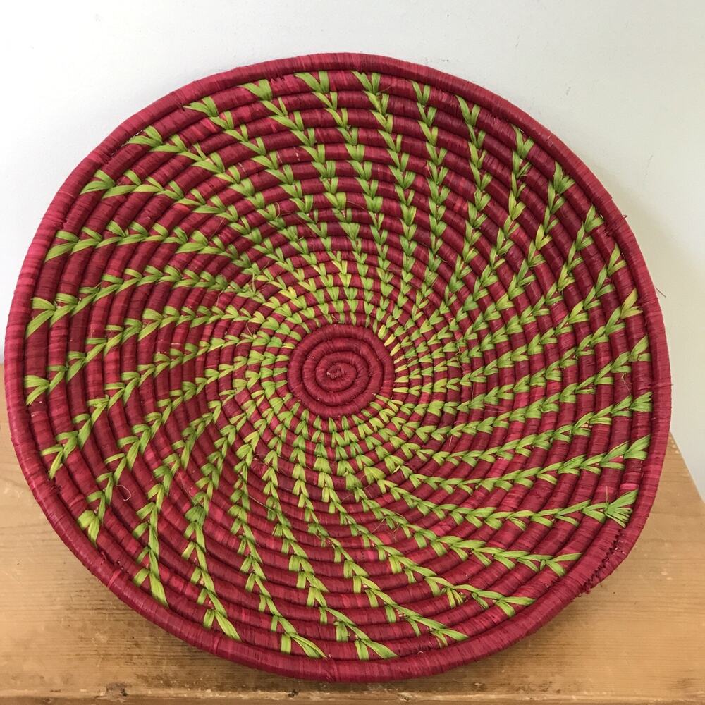 Handmade Woven Raspberry Pink Lime Green Fruit Bread Basket Bowl Table Decor 13"